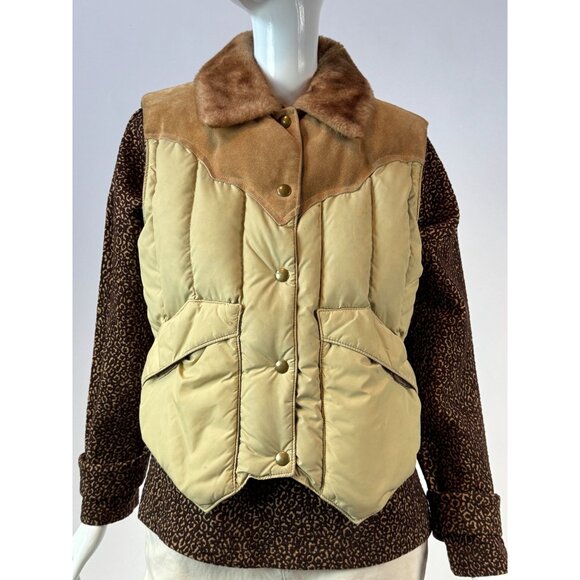 Woolrich Womens Western Style Down Puffer Vest With Faux Fur Collar Beige/Brown - Picture 9 of 16